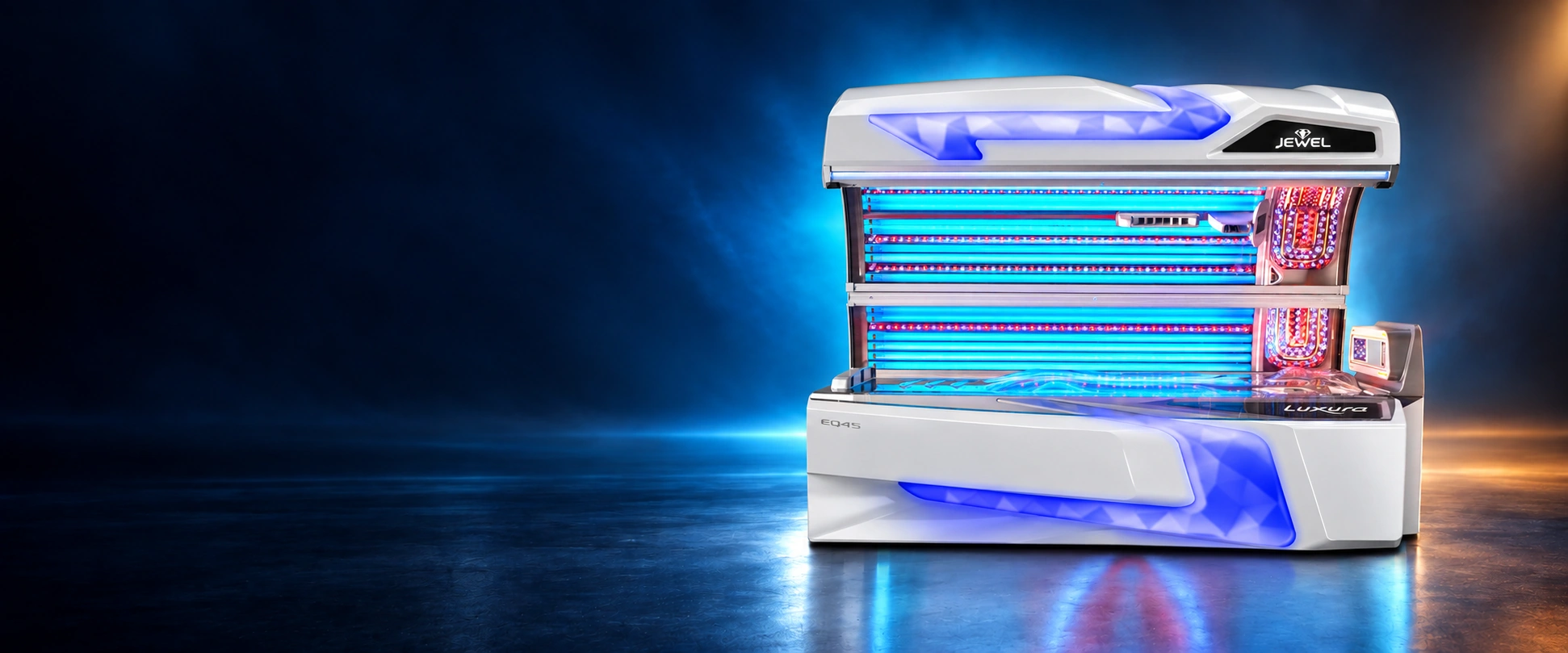 Luxura Jewel sunbed in an illustrative blue studio setting