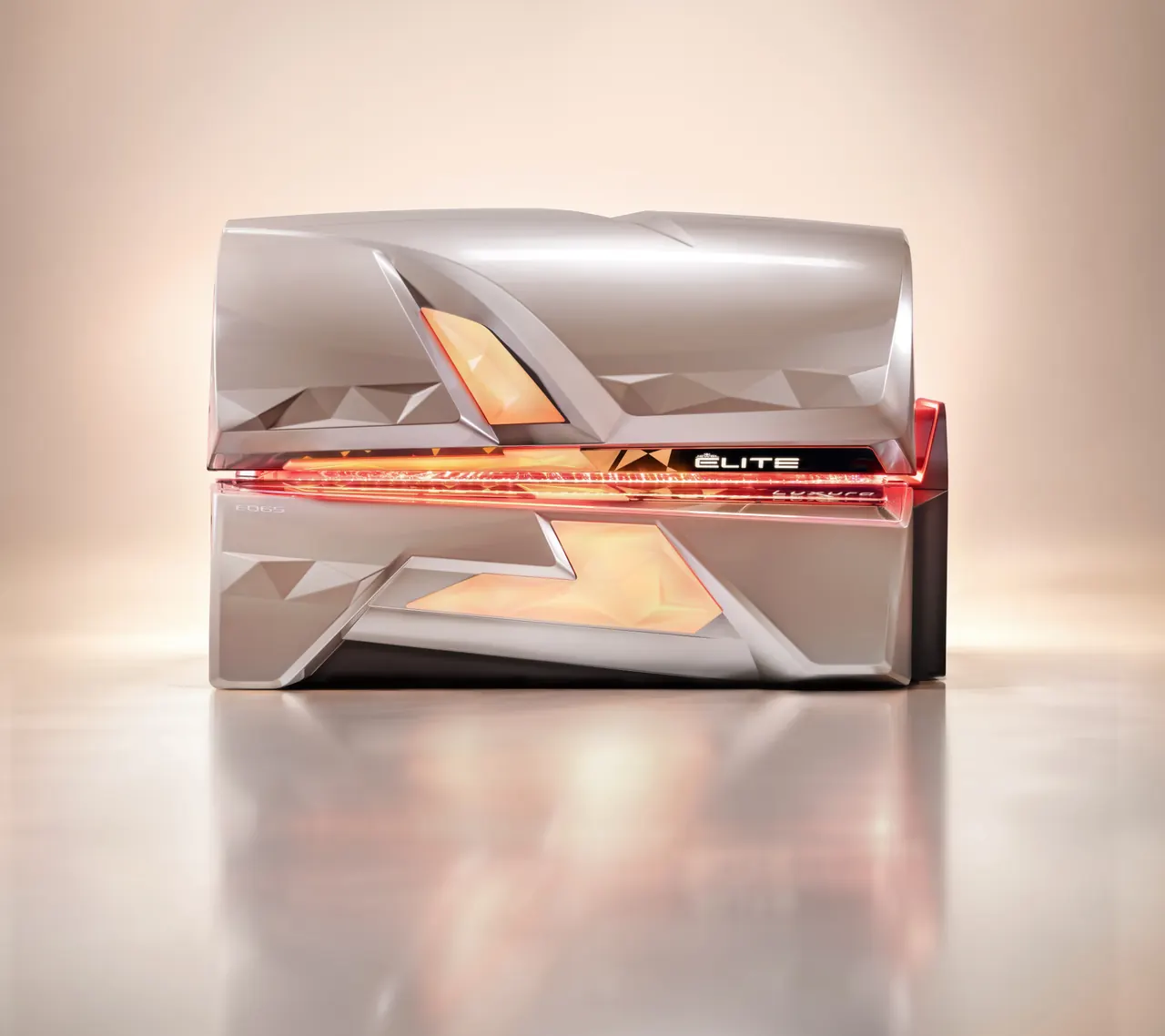 A closed Jewel Elite seen from the front, its faceted panels lit amber