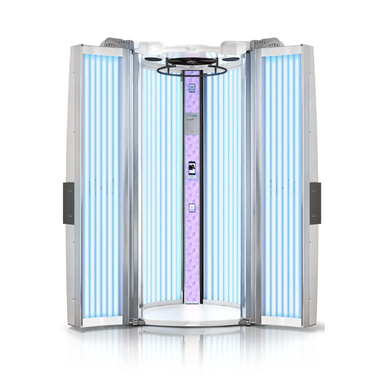 A Luxura V6 with both doors open, tubes lit blue around the violet FlowLight panel