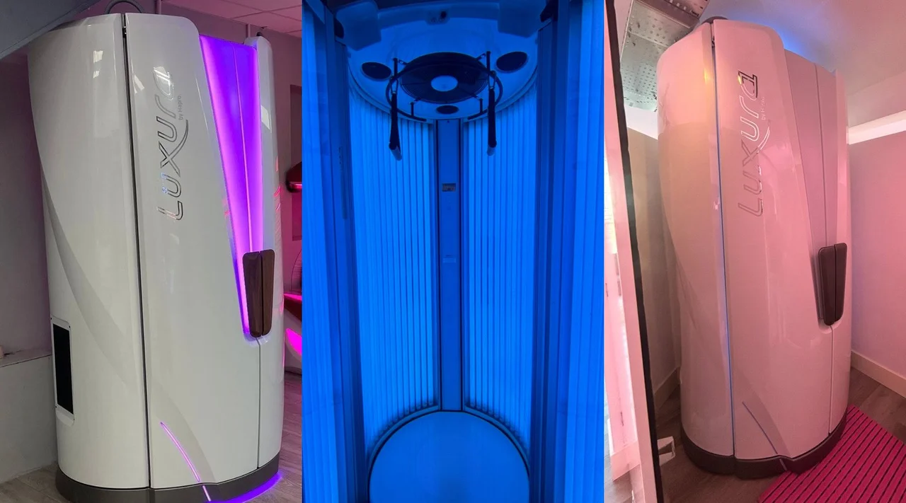 Luxura V8 exterior and interior views, showing white doors, coloured lighting and overhead rails.