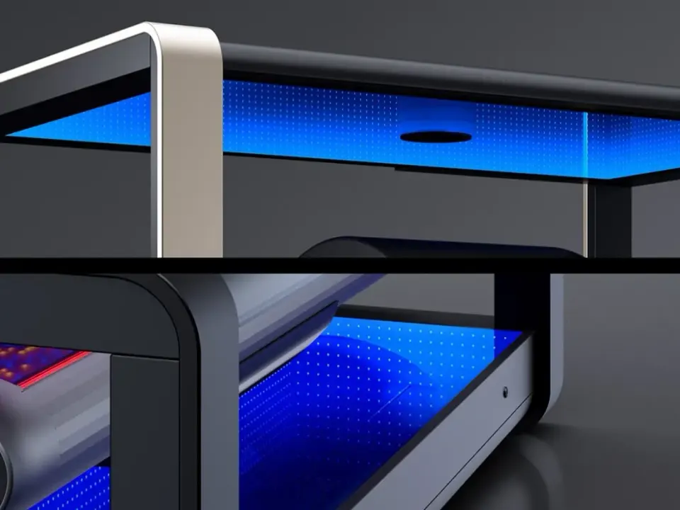 The K11 Air's Infinity Mirror glowing blue along the side of the bed