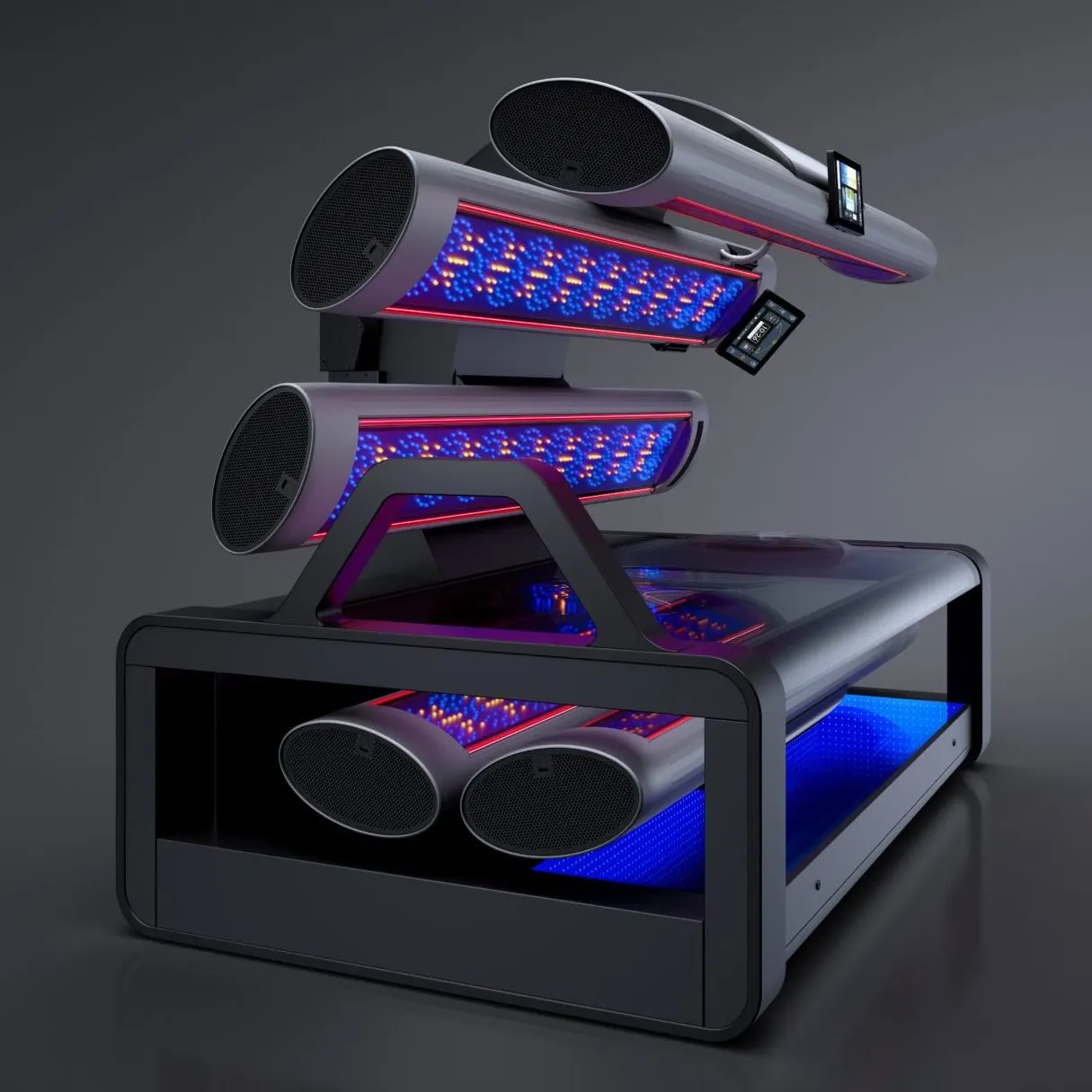 The megaSun K11 Air in space grey, canopy raised and LEDs lit blue and red