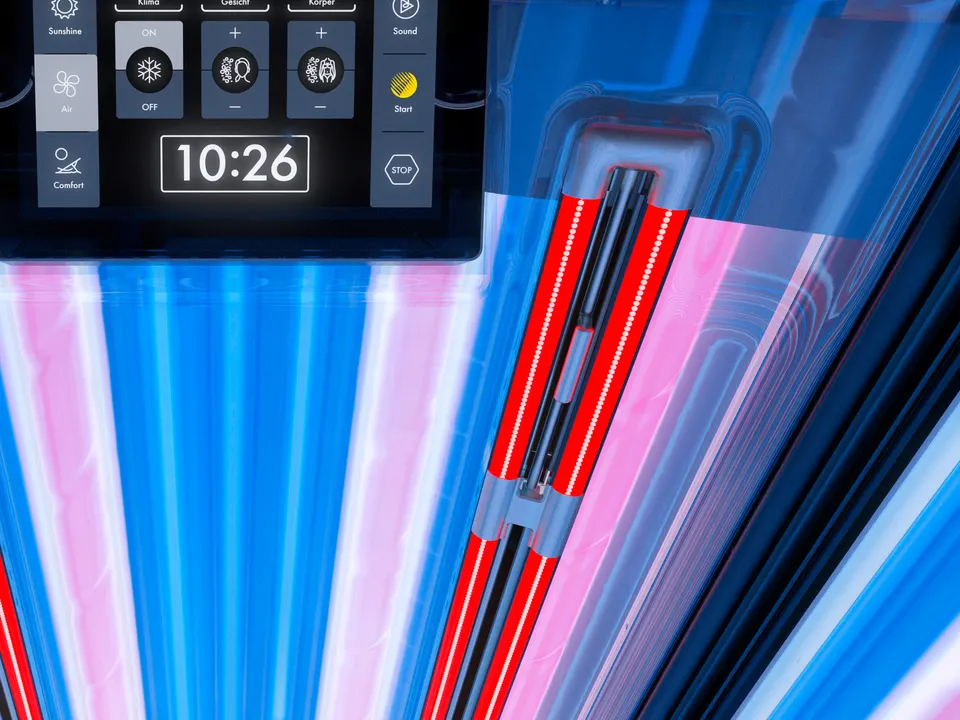 Strips of red Nano LEDs running between the tubes, below the inside touch display