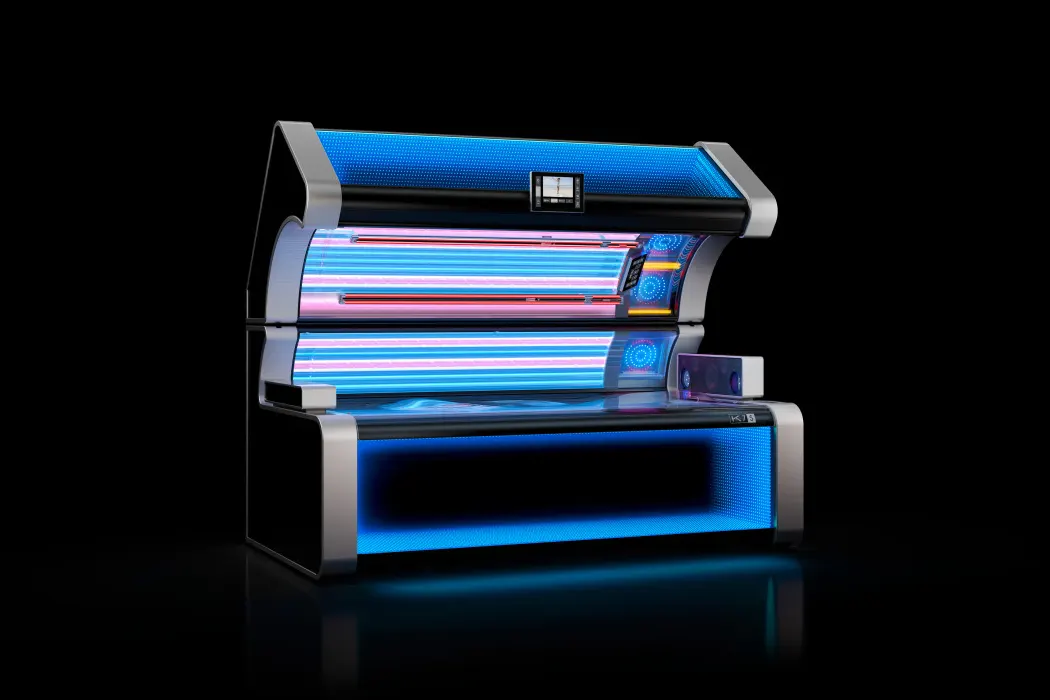 The megaSun K7S in Magic Silver, canopy open, tubes lit and the Infinity Mirror glowing blue