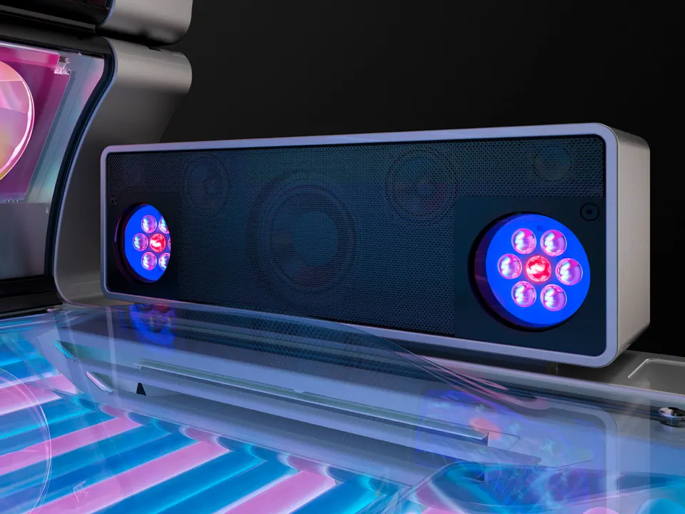 The 3D Soundbar at the head of the bed, a SunSphere shoulder tanner either side of its speakers