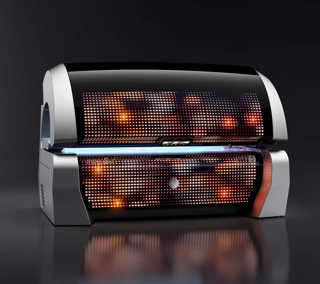The P9S closed in Magic Silver, its black panels lit with the light show