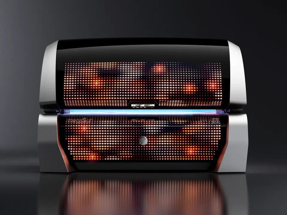 The P9S closed, seen from the front, its canopy and bench panels covered in glowing orange and white LEDs