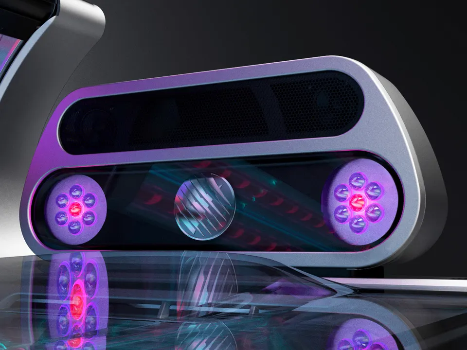 The P9S shoulder unit: two round clusters of LEDs behind glass lenses, reflected in the acrylic