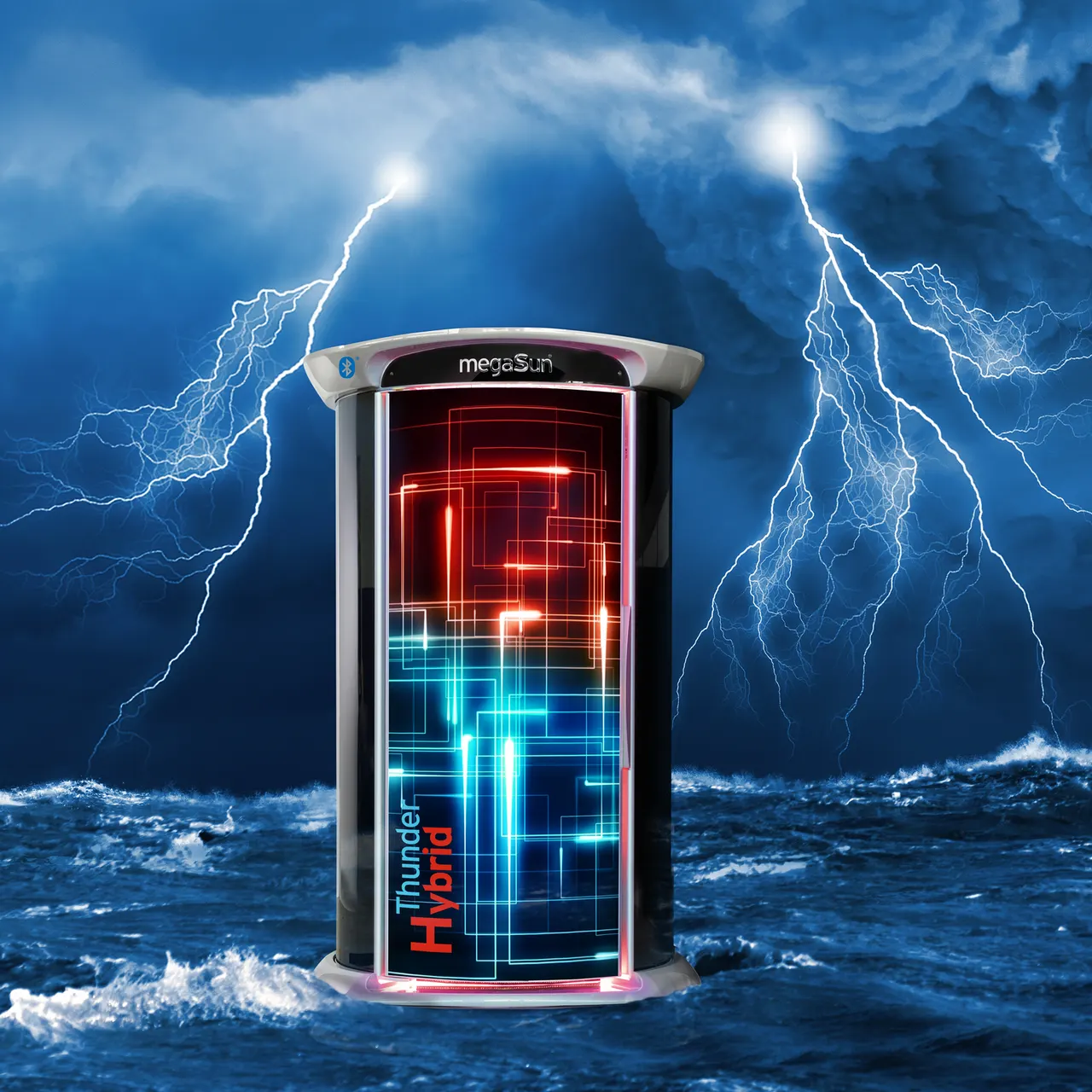 The megaSun Thunder Hybrid, door closed, its red and blue Thunder Hybrid door graphic lit against a stormy sea and lightning