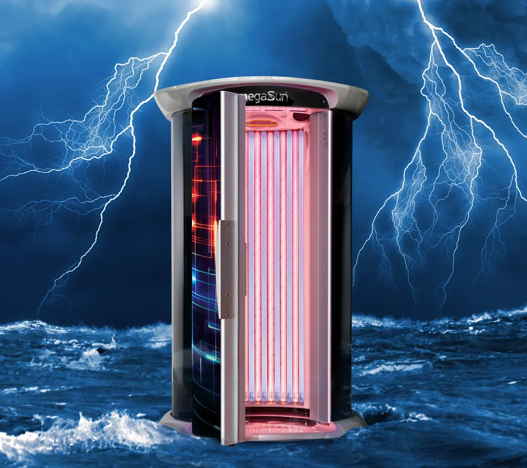 The Thunder Hybrid with its door open against a stormy sea and lightning